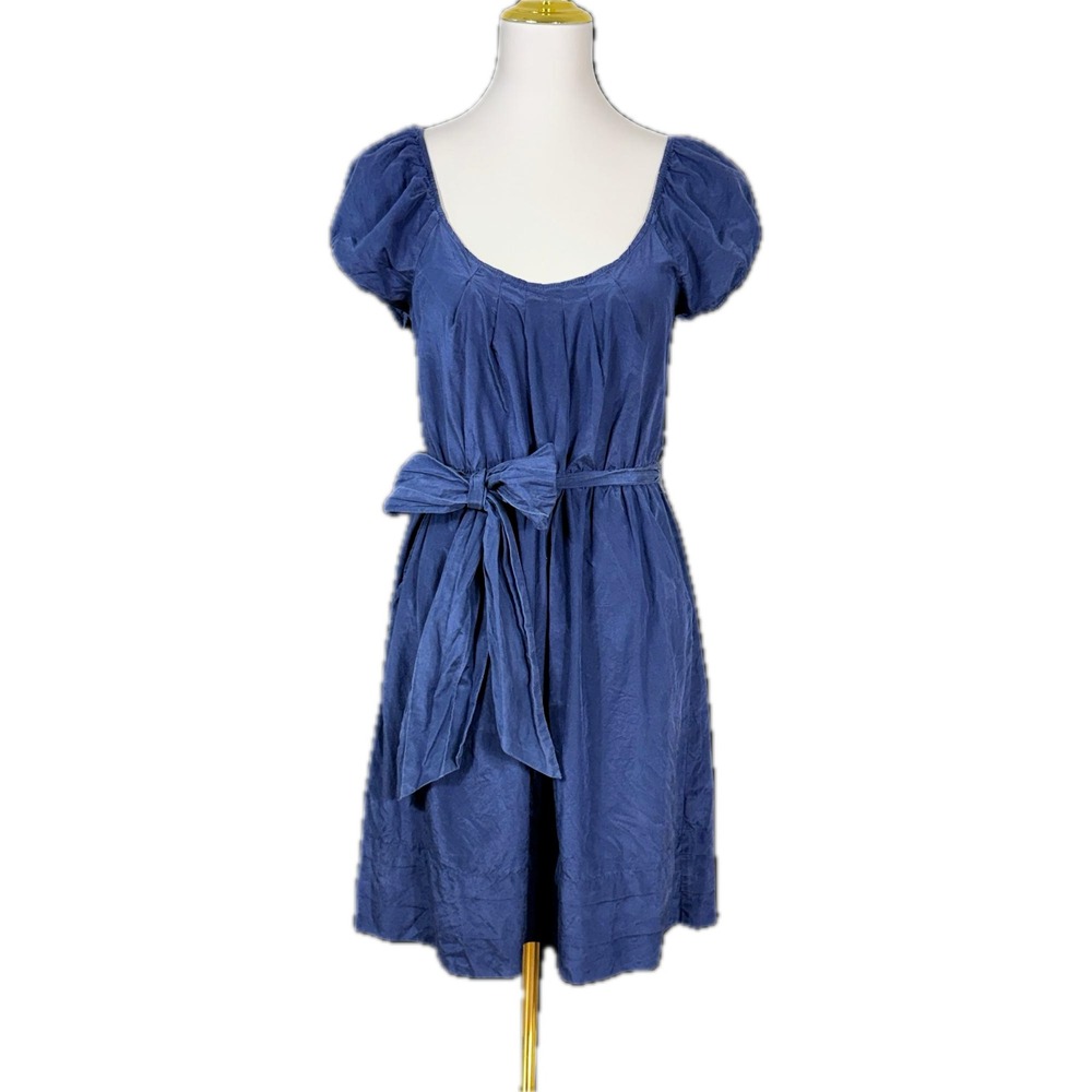 Vtg AEO Silk‎ Peasant Dress 12 Navy Blue Pintuck Sash Y2K Spring Wedding Guest L